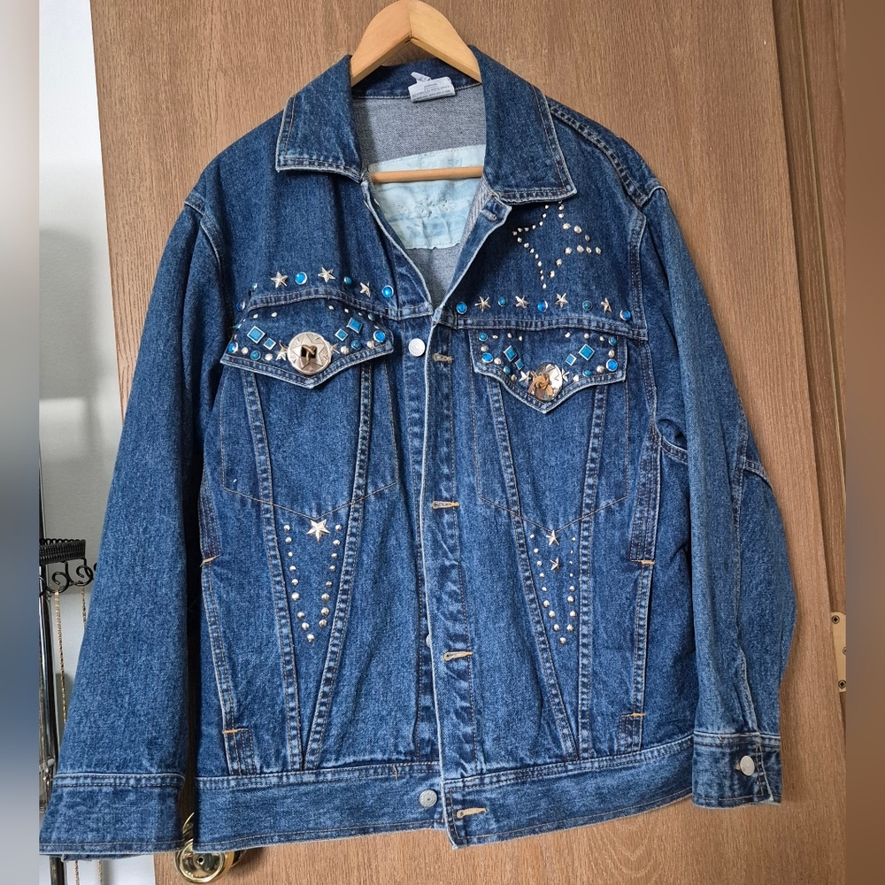 Freego Vtg Denim Jacket Cotton Aztec Studded Embellished Medium PTP 26"